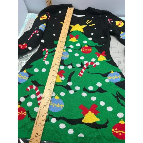 Girls Christmas Tree Sweater Dress Black Knit Long Sleeve Holiday Size M - Picture 4 of 8